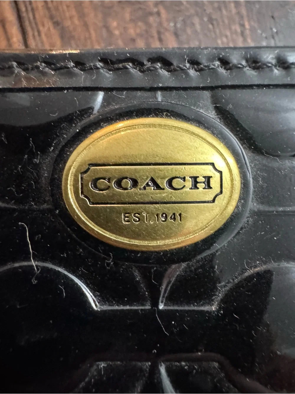 NWOT Coach Black Patent Leather Embossed C Zip Wallet with Gold Tone Logo